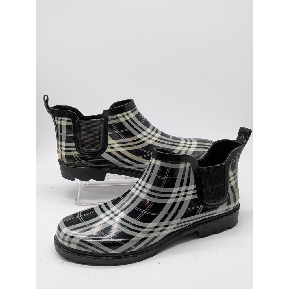 Forever Young Women Plaid Chelsea Rain Boots Size 11 Black White Rubber